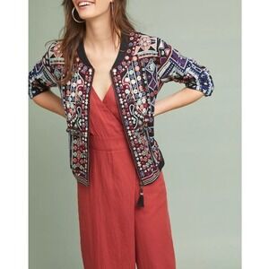 Raga Womens Floral Embroidered Bomber Jacket Festival Boho Artsy Western Medium